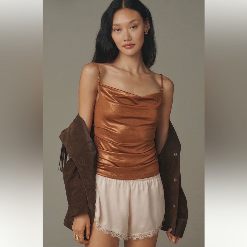 Anthropologie Y2K Cowl Neck Tank NWT M Bronze Copper Ruched Studded Top